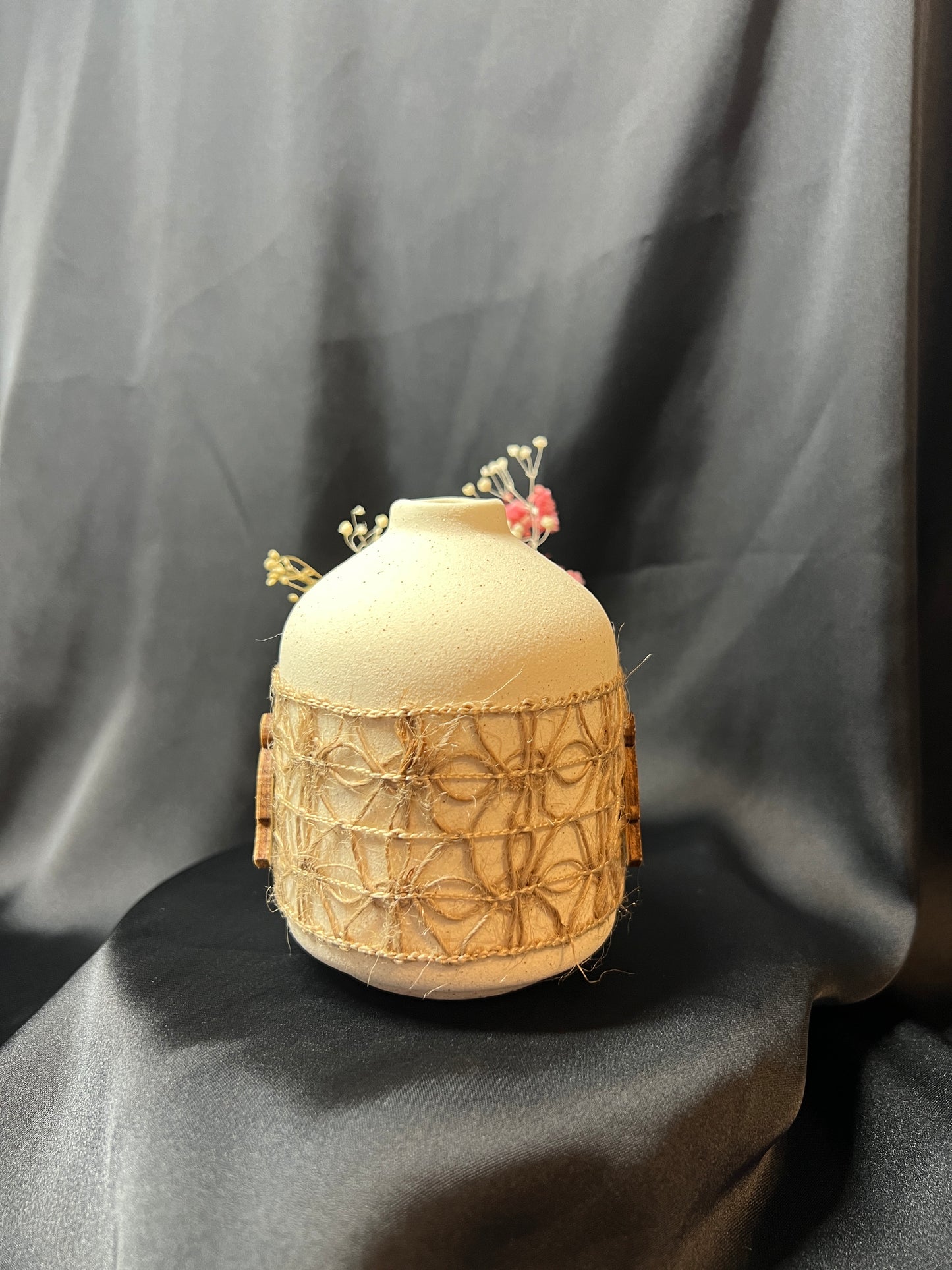 Decorative Ceramic Vase with Dried Flowers and Wooden Bird Accent