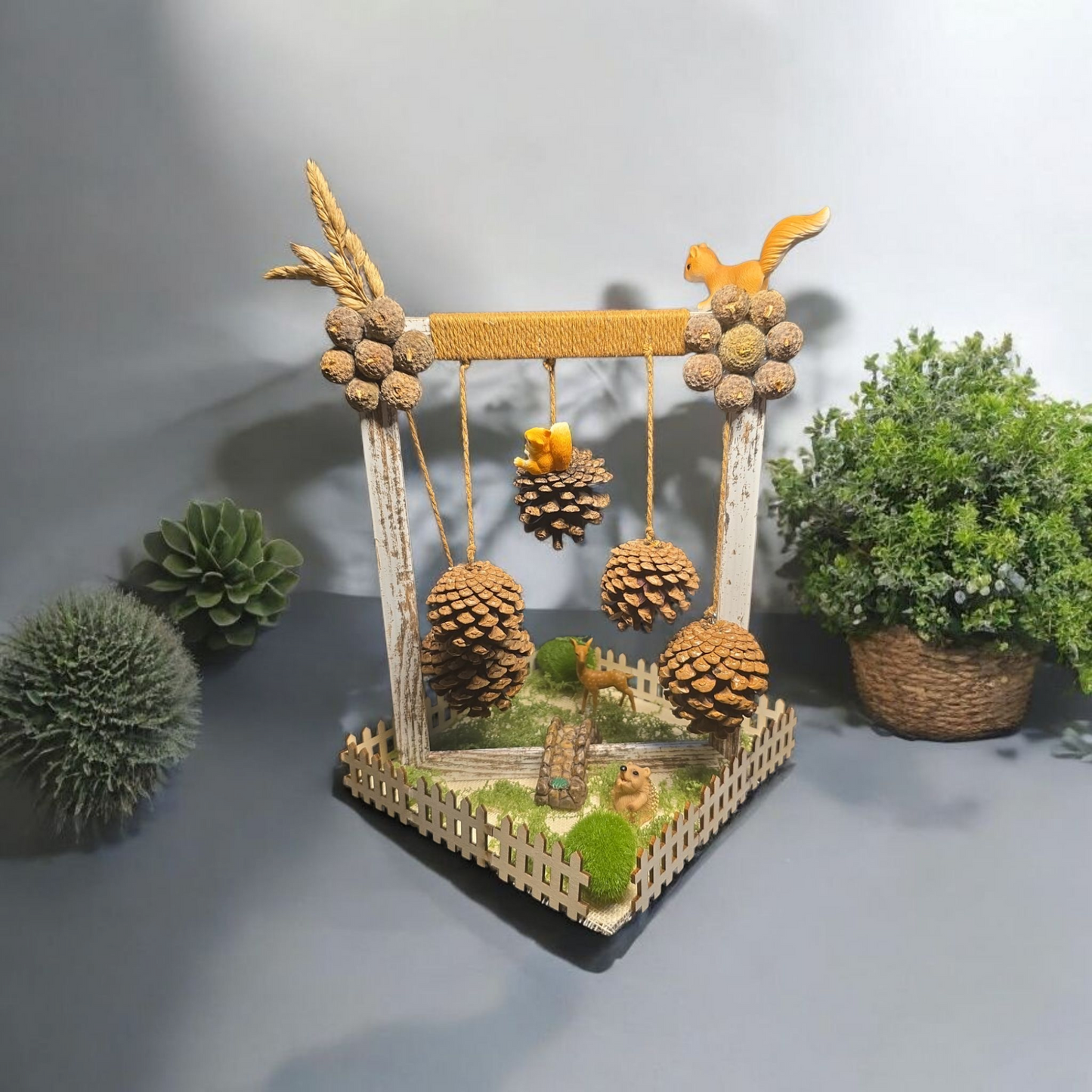 Rustic Woodland Pinecone Swing Decor – Handmade Forest Diorama with Squirrel & Hedgehog | 26cm Height | 17x17cm Base