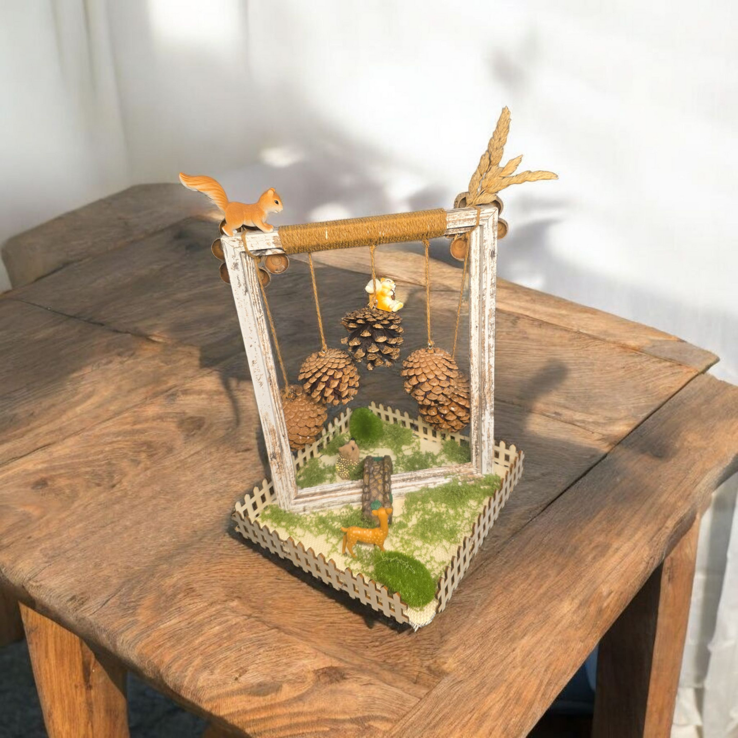 Rustic Woodland Pinecone Swing Decor – Handmade Forest Diorama with Squirrel & Hedgehog | 26cm Height | 17x17cm Base
